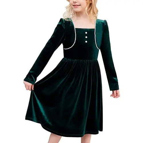 Produktbild: Sunny Fashion Mädchen Kleid Grün Samt Weihnachten Perle Langarm Urlaub Winter Gr. 116