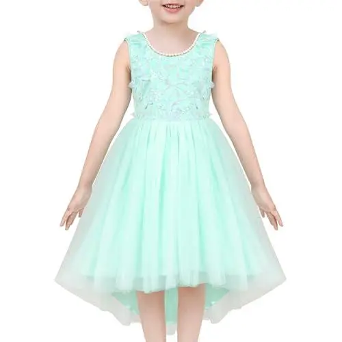Produktbild: Sunny Fashion Mädchen Kleid Grün Spitze Überprüfen Perle V-Rücken Hi-Lo Tüll Formal Party Gr. 134,Türkisgrün,134