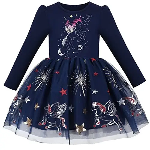 Produktbild: Sunny Fashion Mädchen Kleid Pailletten Einhorn Konstellation Stickerei Stern Mond Himmel Tüllkleid Langarm Gr. 110