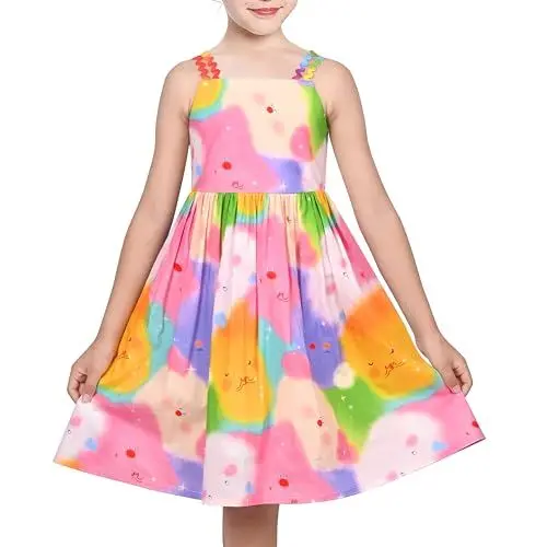 Produktbild: Sunny Fashion Mädchen Kleid Regenbogen Bunt Karikatur Zickzack Spaghetti Trägerkleid Baumwolle Gr. 134,Rosa,134