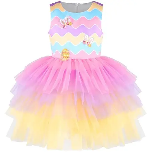 Produktbild: Sunny Fashion Mädchen Kleid Regenbogen Layered Stufe Tüll Osterei Jagd Hase Party Gr. 122,Regenbogenhase,122