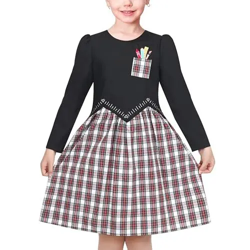 Produktbild: Sunny Fashion Mädchen Kleid Schwarz Bleistift Herrscher rot Überprüfen Plaid Schule Beiläufig Langarm Gr. 134,Schwarz,134