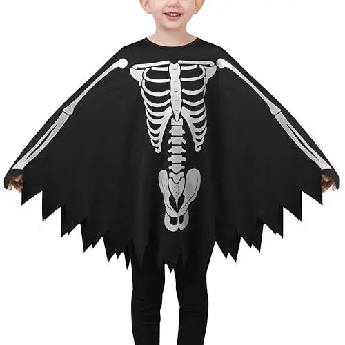 Produktbild: Sunny Fashion Mädchen Kleid Schwarz Glühen Im Das Dunkel Skeleton Umhang Kap Kostüm Halloween Gr. 128-134,Schwarz,128-134