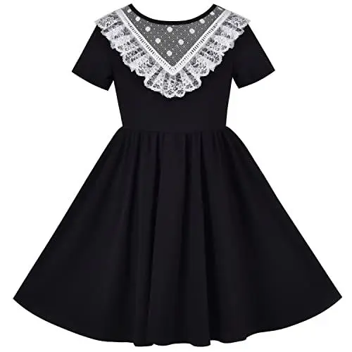 Produktbild: Sunny Fashion Mädchen Kleid Schwarz Jahrgang Spitze Offener Rücken Schule Kurzarm Schaukelkleid Gr. 122
