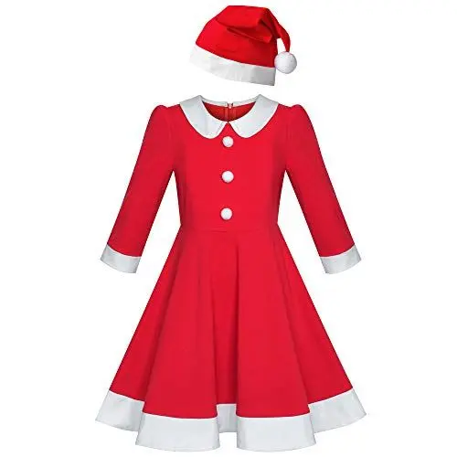 Produktbild: Sunny Fashion Mädchen Kleid Weihnachten Hut rot Baumwolle Langarm Urlaub Weihnachtskleid Gr. 146