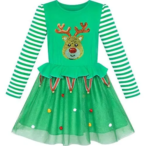 Produktbild: Sunny Fashion Mädchen Kleid Weihnachten Rentier Klingglöckchen Party Urlaub Kleid Gr. 110