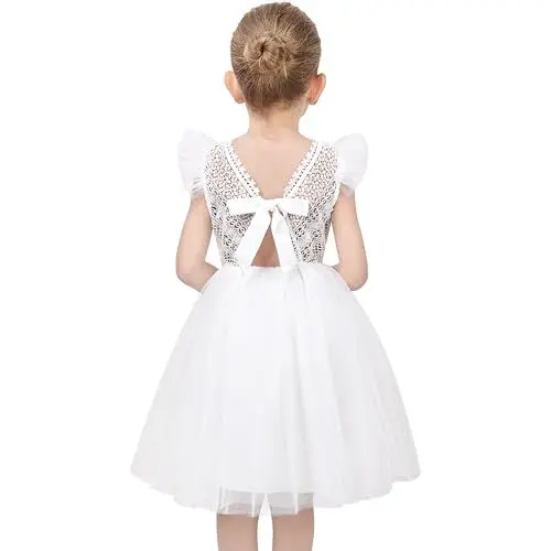 Produktbild: Sunny Fashion Mädchen Kleid Weiß Spitze V-Ausschnitt Rüschenärmel Tüll Hochzeit Abend Kleid Gr. 134,Weißer V-Ausschnitt,134