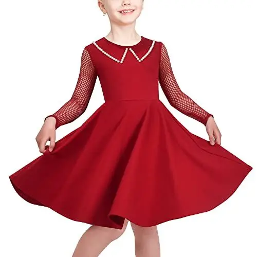 Produktbild: Sunny Fashion Mädchen Kleid rot Schier Masche Lange Perle Baumwolle Festival Weihnachten Gr. 134,Rote Netzhülle,134