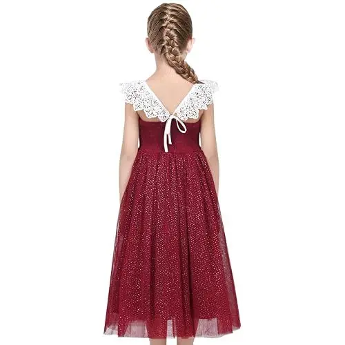 Produktbild: Sunny Fashion Mädchen Kleid rot Spitze Funkeln Hohle zurück Prinzessin Party Lange Kleid Formal Gr. 110,Weinrote Spitze,110
