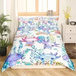 Produktbild: Sunnybed Cartoon Axolotl Trösterbezug für Kinder Jungen Mädchen Kleinkinder, Kawaii Bettwäsche Set Ocean Sealife Reptilien Fisch Bettbezug Süße Seegras Küsten Tagesdecke Reißverschluss, 135x200, Lila
