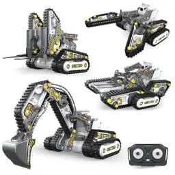 Produktbild: SunnyOcean RC baubares Baumaschinenfahrzeug, 4in1 Baumaschinen Bausatz mit Fernbedienung, Bagger, Greiferwagen, Gabelstapler, Panzer, 176-PCS Bauspielzeug, STEM Ingenieur Kit