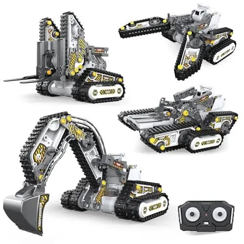 Produktbild: SunnyOcean RC baubares Baumaschinenfahrzeug, 4in1 Baumaschinen Bausatz mit Fernbedienung, Bagger, Greiferwagen, Gabelstapler, Panzer, 176-PCS Bauspielzeug, STEM Ingenieur Kit