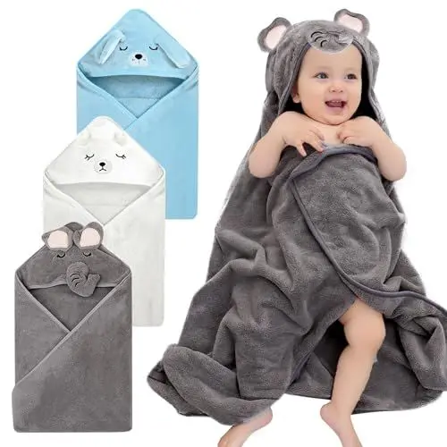 Produktbild: SUNOYA Kapuzenhandtuch Baby, 3 Pcs Erstausstattung Babyhandtuch Mit Kapuze 80 X 80 cm, Kapuzenbadetuch, Baby Handtuch Kapuze Personalisiert, Badetuch Mit Kapuze DREI Muster
