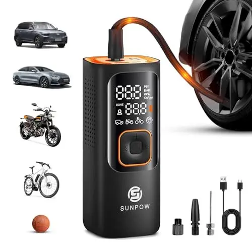 Produktbild: SUNPOW Elektrische Luftpumpe, Tragbar Mini Kompressor mit 7500mAh Akku, 160PSI Tragbarer Luftkompressor Auto Reifenpumpe, 12V DC Dual Power, Digital LCD, LED Licht, AutoOff, Als Powerbank