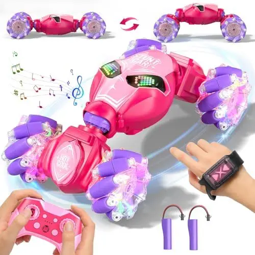 Produktbild: Sunrad Ferngesteuertes Auto für Kinder, 4WD RC Drift Stunt Car Ferngesteuertes Auto mit Handsteuerung,Doppelseitige Rotierende Off-Road Twist Car (Rosa deutsche Version)