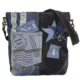Produktbild: Sunsa Damen Tasche. Nachhaltige Umhängetasche. Handtasche aus recycelte Jeans, Canvas & Leder. Schultertasche Damentaschen in Vintage Stil. Crossover bag mit stern