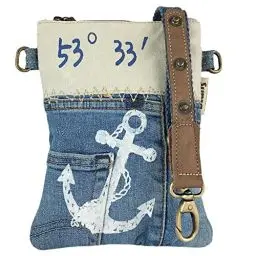 Produktbild: Sunsa Damen Umhängetasche. kleine Schultertasche aus Canvas, recycelte Jeans & Leder. Maritim Vintage Design Crossover Bag. Nachhaltige Tasche für Seeliebhaber mit Anker