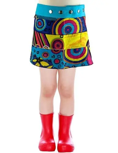 Produktbild: Sunsa Kinder Rock Minirock Stufenrock Wickelrock Wenderock Sommerrock Kinderrock aus Baumwolle, Zwei optisch Verschiedene Röcke, Größe ist variabel verstellbar durch Druckknöpfe