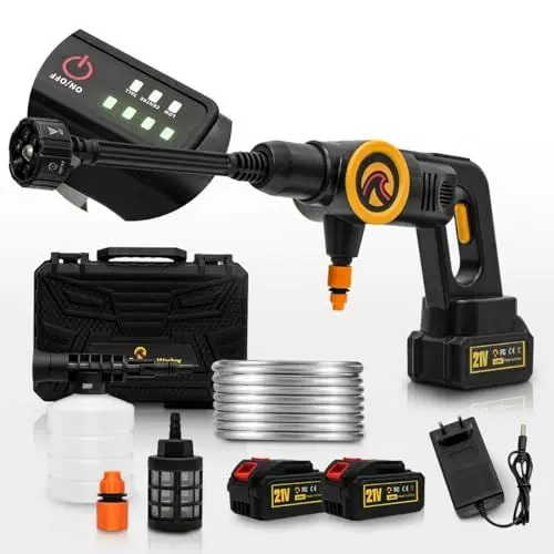 Produktbild: Sunster Akku Hochdruckreiniger Auto, 45Bar Mobile Hochdruck Wasserpistole Bürstenlosen Mit Zwei 4.0Ah Akku, Tragbar Druckreinigerpistole mit 6-In-1 Düse für Bewässerung, 3 Reinigungsstufen für Auto