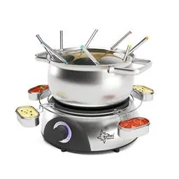 Produktbild: SUNTEC Fondue elektrisch für bis zu 8 Personen – Set mit Gabeln + Spritzschutz + Saucen Halterung – Als Raclette Alternative – Topf für Käse + Schokolade + Fett – Edelstahl Fondueset FON-8014 V2A