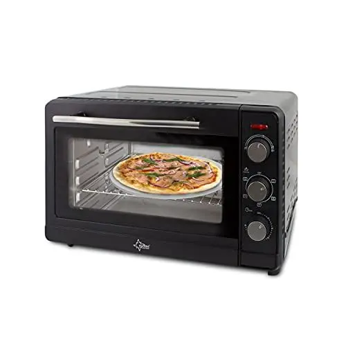 Produktbild: SUNTEC Multifunktions-Toastofen TOO-8502 in Schwarz – 4er Set mit Grillrost, Backblech, Drehspieß und Extra Pizzastein – Für Pizza + Pommes + Hähnchen + Brötchen – Max. 1500 Watt – Klein & kompakt