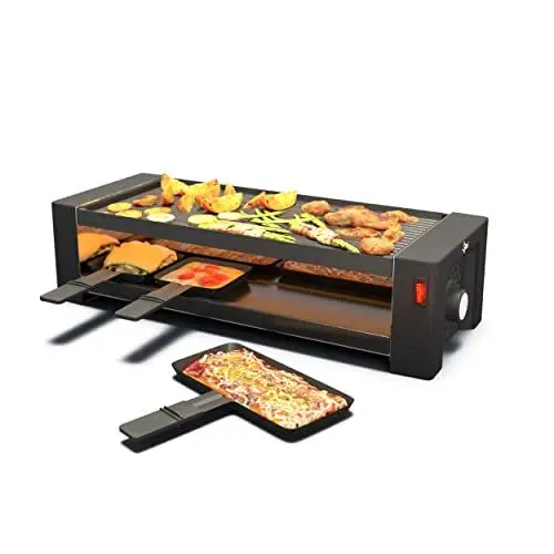 Produktbild: SUNTEC Raclette Grill RAC-8625 turbo raclette – Tischgrill für 8 Personen – Pizza Funktion – 8 kleine Pfannen + 4 große für Pizzen + 8 Spatel als Zubehör Set – Doppelseitige Grillplatte – 1450 Watt