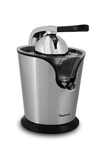 Produktbild: SUNTEC Zitruspresse ZIP-8441 pro – Elektrisch mit Hebel und Sieb – Kleine Edelstahl Saftpresse für Orangen + Zitronen + Limetten – Elektrische Presse mit abnehmbarem Saft Behälter & max 160 Watt