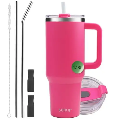 Produktbild: SUNTQ 1180ml/40oz Tumbler mit Griff, Doppelwandige Vakuum Isolierte Wasserflasche mit Stroh und Deckel, Edelstahl Reise Kaffeebecher, Thermische Tasse für Getränke, Fit in Becherhalter(Rubinrot)