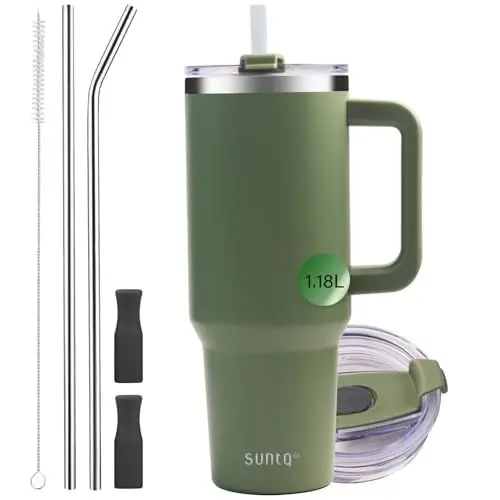 Produktbild: SUNTQ 1180ml/40oz Tumbler mit Griff, Doppelwandige Vakuum Isolierte Wasserflasche mit Stroh und Deckel, Edelstahl Reise Kaffeebecher, Thermische Tasse für Getränke, Fit in Becherhalter(Moss)