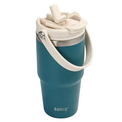 Produktbild: SUNTQ 550ml/20oz Tumbler mit Griff und Flip Stroh, Isolierte Edelstahlbecher mit auslaufsicherem 2-in-1-Deckel, wiederverwendbare doppelwandige Wasserflasche, Portable Kaffee-Reisebecher(Blau)