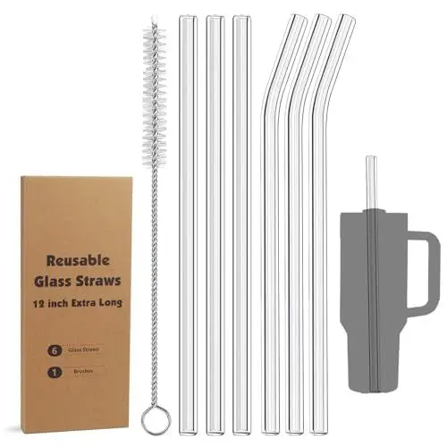 Produktbild: SUNTQ 6pcs wiederverwendbare Glasstrohhalme, Ersatz-Strohhalme, breite Strohhalme mit Reinigungsbürste für Smoothies, lange Strohhalme für Stanley Cup Zubehör, spülmaschinenfest(3 Gerade+3 Gebogene)