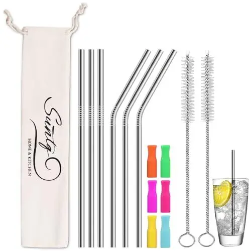Produktbild: SUNTQ Edelstahl Strohhalme für Stanley Tumbler, Strohhalm Ersatz für Stanley Cup Zubehör, wiederverwendbare Metallstrohhalme mit Silikonspitzen und Reinigungsbürste(6 * 215,Silber)