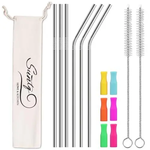 Produktbild: SUNTQ Edelstahl Strohhalme für Stanley Tumbler, Strohhalm Ersatz für Stanley Cup Zubehör, wiederverwendbare Metallstrohhalme mit Silikonspitzen und Reinigungsbürste(6 * 305,Silber)