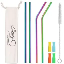 Produktbild: SUNTQ Edelstahl Strohhalme für Stanley Tumbler, Strohhalm Ersatz für Stanley Cup Zubehör, wiederverwendbare Metallstrohhalme mit Silikonspitzen und Reinigungsbürste(8 * 305,Regenbogen)