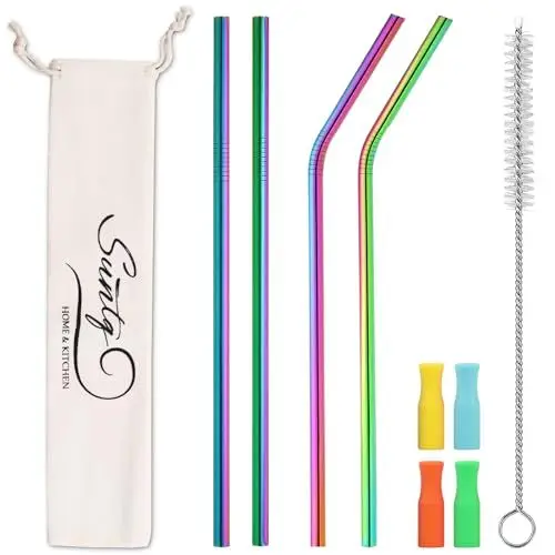 Produktbild: SUNTQ Edelstahl Strohhalme für Stanley Tumbler, Strohhalm Ersatz für Stanley Cup Zubehör, wiederverwendbare Metallstrohhalme mit Silikonspitzen und Reinigungsbürste(8 * 305,Regenbogen)