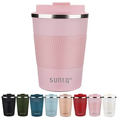 Produktbild: SUNTQ Kaffeebecher to go Thermo aus Edelstahl - Thermobecher mit Gummierte Manschette Doppelwand Isoliert - Kaffeetasse mit Auslaufsicherem Deckel Wiederverwendbar, Rosa 380ml