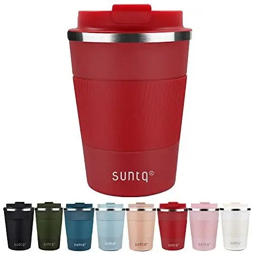 Produktbild: SUNTQ Kaffeebecher to go Thermo aus Edelstahl - Thermobecher mit Gummierte Manschette Doppelwand Isoliert - Kaffeetasse mit Auslaufsicherem Deckel Wiederverwendbar, Weinrot 380ml