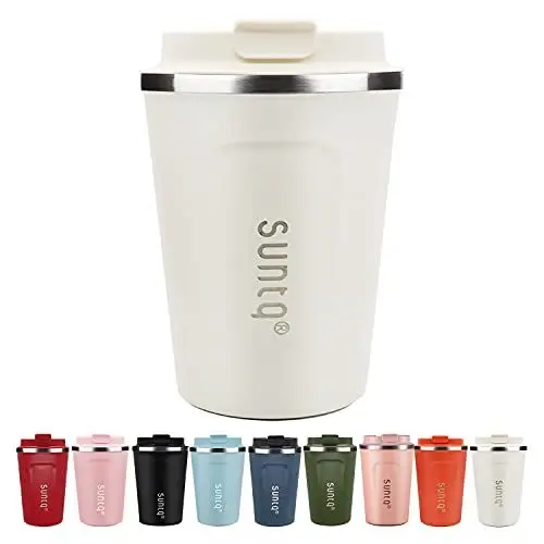 Produktbild: SUNTQ Kaffeebecher to go aus Edelstahl - Thermobecher Doppelwand Isoliert - Kaffeetasse mit Auslaufsicherem Deckel Wiederverwendbar (Weiß Creme, 380ml)