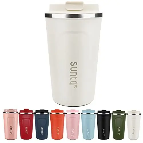 Produktbild: SUNTQ Kaffeebecher to go aus Edelstahl - Thermobecher Doppelwand Isoliert - Kaffeetasse mit Auslaufsicherem Deckel Wiederverwendbar (Weiß Creme, 510ml)