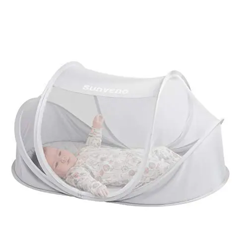Produktbild: SUNVENO Großes Babyzelt, tragbares Baby-Reisebett, Strand-Sonnenschutz, Pop-Up-Kleinkindnetz – tragbar und waschbar, drinnen und draußen (White)