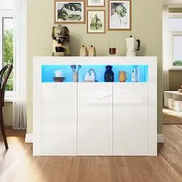 Produktbild: SUNXURY Kommode Weiß Hochglanz, Küchenschrank Sideboard mit LED 3 Türen Griffloses Design für Küche Flur Schlafzimmer 116x93x35cm(B/H/T)