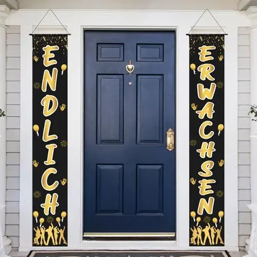 Produktbild: SUNYOK 2pcs Endlich Erwachsen Tür Banner Jugendweihe Deko Schwarz Gold Erwachsenwerden Hängende Banner Alles Gute zum Jugendweihe Hintergrund Dekoration für Junge Mädchen Erwachsene Partyfeiern
