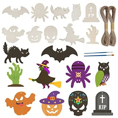 Produktbild: SUNYOK 30 Stück Halloween Bastelset Kinder DIY Fledermaus Hexe Spinne Geist Skelett Halloween Holzanhänger zum Bemalen mit Pinsel Halloween Holz Basteln Kunsthandwerk für Halloween Deko