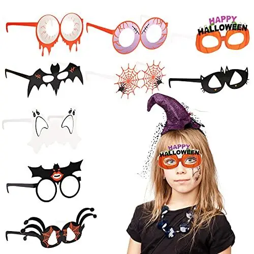 Produktbild: SUNYOK 9Pcs Halloween Brillen Set Kinder Party Papierbrillen Halloween Partybrille Cosplay Brille Lustige Fledermäuse Brillen für Karneval Halloween Party Deko Foto Requisiten