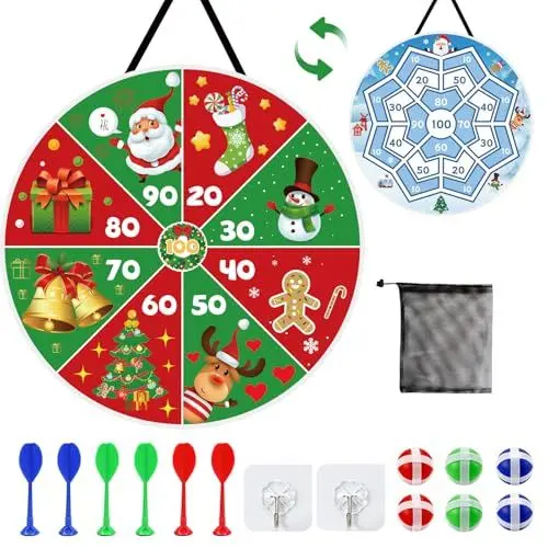 Produktbild: SUNYOK Weihnachten Dartscheibe Kinder Weihnachts Doppelseitige Dartspiel Weihnachten Party Spiele Klettballspiel Wurfspiel für Jungen Mädchen Weihnachtsfeier Xmas Party Indoor Outdoor Spielen
