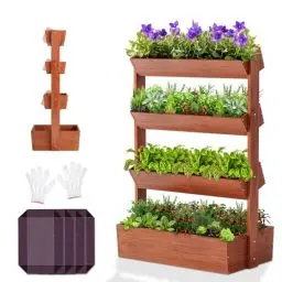 Produktbild: SUNYRISY Holz Hochbeet Premium Blumenkasten Balkon, 4 Etagen Outdoor Blumentreppe Pflanztreppen Gemüsebeet Kräuterbeet Mit Etagen, Balkon Garten Terrasse Dekoration
