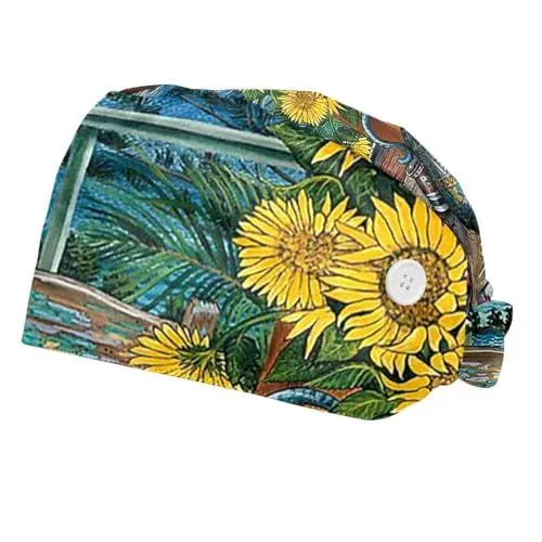 Produktbild: suojapuku 2 Stück Damen-Arbeitskappen,Peeling-Mütze,Arbeitsmütze,Sonnenblumenhaus, Zimmer, Strand,Verstellbare Bouffant-Mütze mit Knöpfen