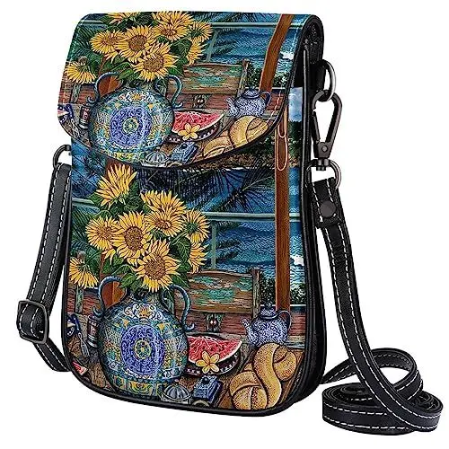 Produktbild: suojapuku Kleine Umhängetasche für Damen,Sonnenblumenhaus, Zimmer, Strand,Messenger-Schulterhandtasche aus PU-Leder