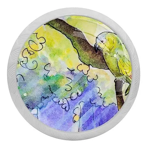 Produktbild: suojapuku Leuchtende Schubladenknöpfe für Schränke,4 Stück,fluoreszierende Küchenknöpfe,Papageienbaum-Aquarell,Kommodengriffe aus Kristallglas