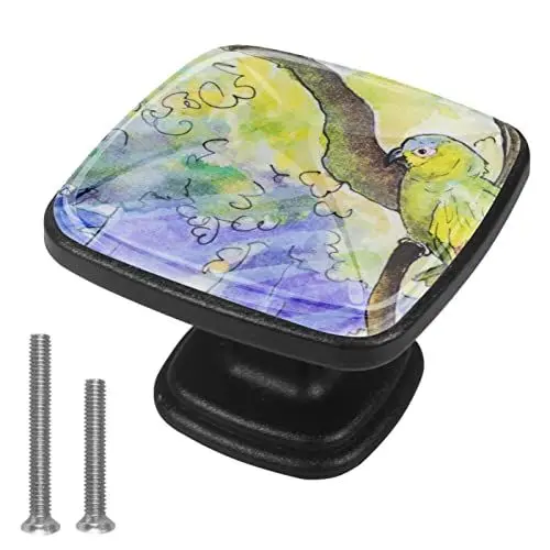 Produktbild: suojapuku Schubladenknöpfe Schrankgriff Kommodenknöpfe Schränke Knäufe,Papageienbaum-Aquarell,4 Stück Kristallglas-Dekorgriffe